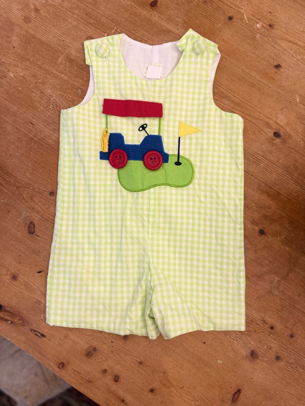 Gingham Lime Green Boys Shortall with Golf Cart Applique
